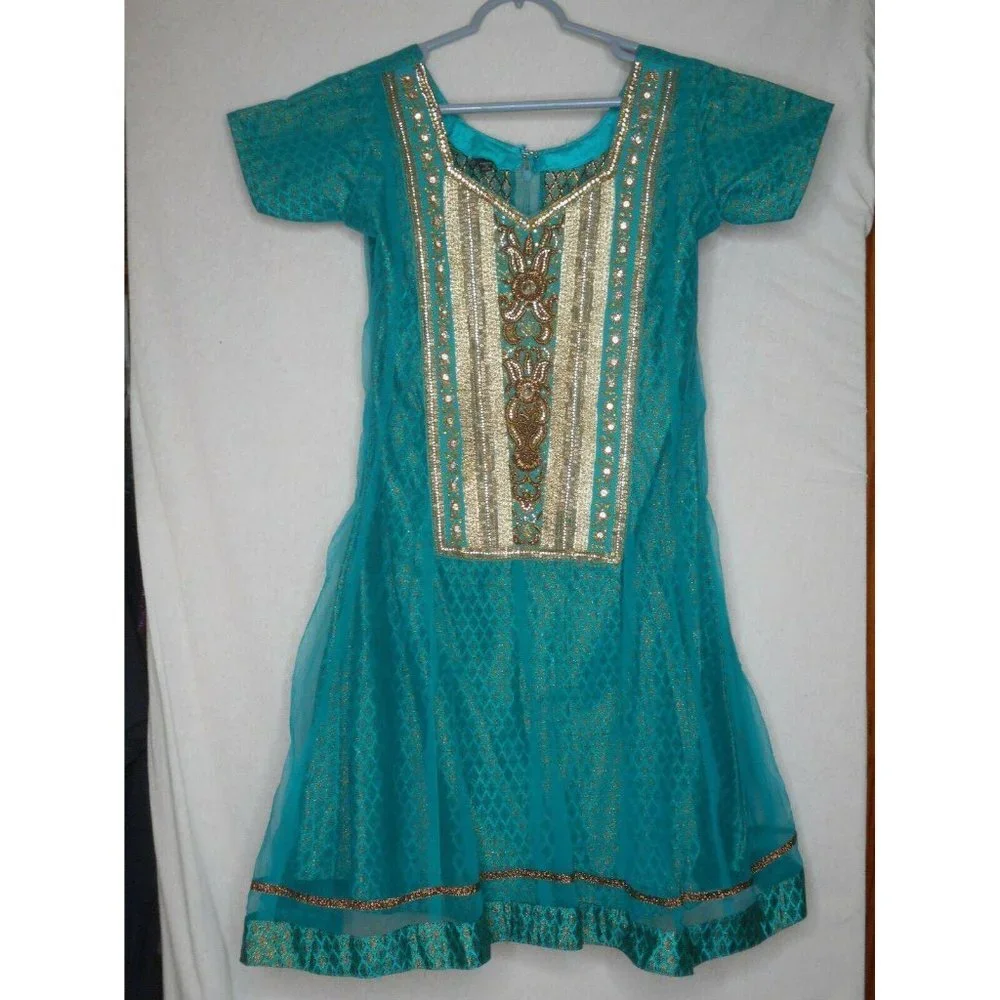 Gorgeous Beaded Teal Gold w Scarf Dress India - Picture 2 of 11